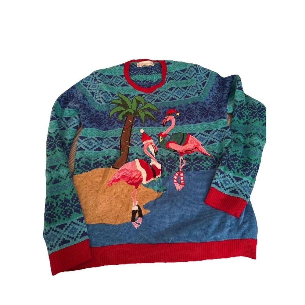 Jolly Sweaters Flamingo Tropical Ugly Christmas Sweater Light Up Red Blue XL